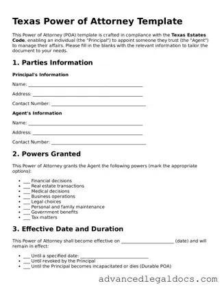 Fillable Power of Attorney Form for Texas State