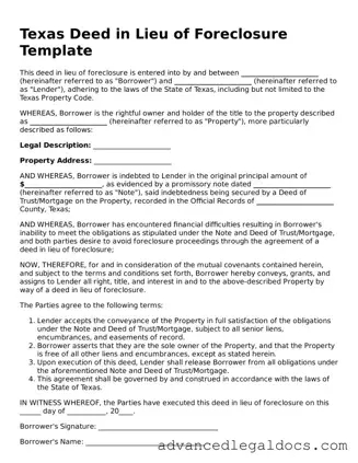 Fillable Deed in Lieu of Foreclosure Form for Texas State
