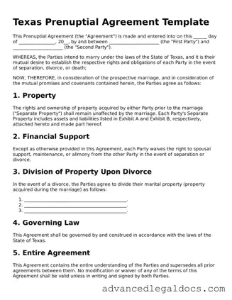 Fillable Prenuptial Agreement Form for Texas State