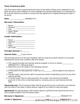 Fillable Promissory Note Form for Texas State