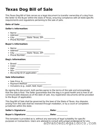 Fillable Dog Bill of Sale Form for Texas State