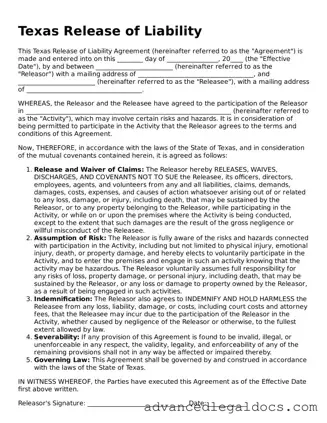 Fillable Release of Liability Form for Texas State