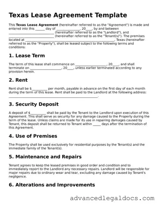 Fillable Lease Agreement Form for Texas State