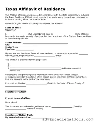 Fillable Affidavit of Residency Form for Texas State