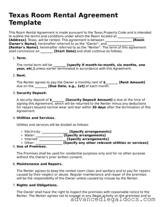 Fillable Room Rental Agreement Form for Texas State