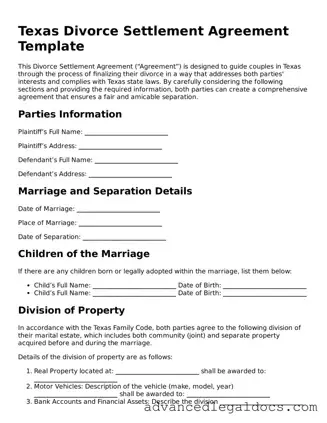 Fillable Divorce Settlement Agreement Form for Texas State