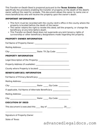 Fillable Transfer-on-Death Deed Form for Texas State