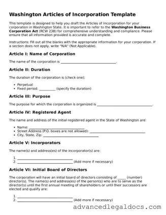 Fillable Articles of Incorporation Form for Washington State