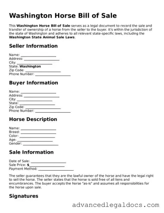 Fillable Horse Bill of Sale Form for Washington State