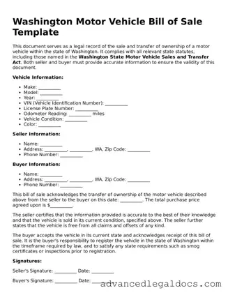 Fillable Motor Vehicle Bill of Sale Form for Washington State
