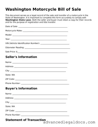 Fillable Motorcycle Bill of Sale Form for Washington State