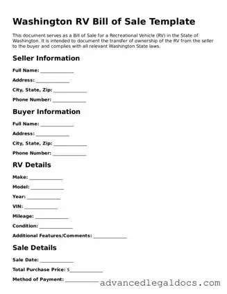 Fillable RV Bill of Sale Form for Washington State