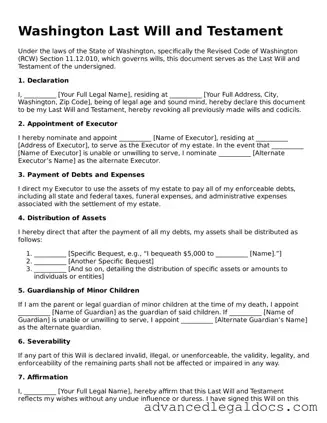 Fillable Last Will and Testament Form for Washington State