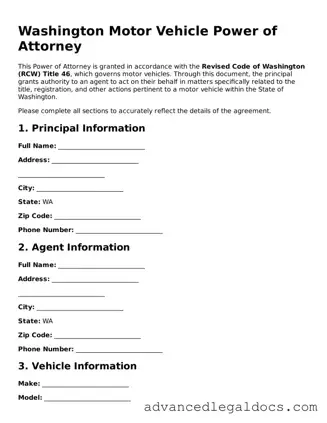 Fillable Motor Vehicle Power of Attorney Form for Washington State