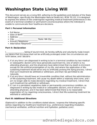 Fillable Living Will Form for Washington State