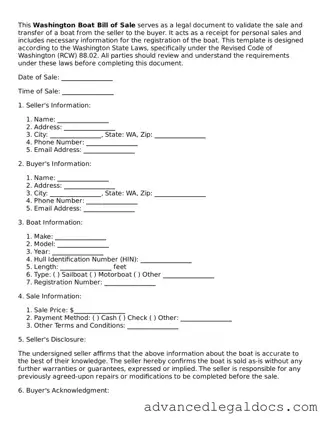 Fillable Boat Bill of Sale Form for Washington State