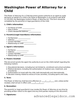Fillable Power of Attorney for a Child Form for Washington State