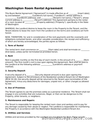 Fillable Room Rental Agreement Form for Washington State
