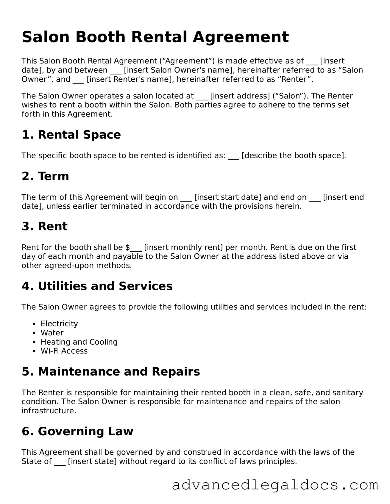 Blank Salon Booth Rental Agreement Template