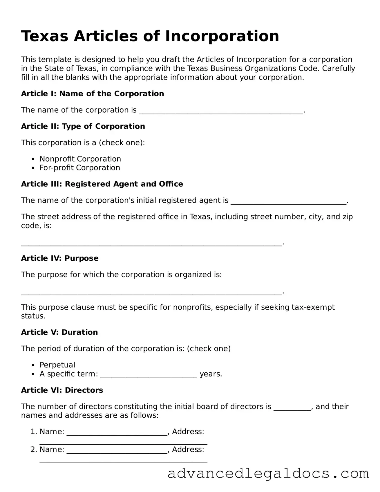 Fillable Articles of Incorporation Form for Texas State