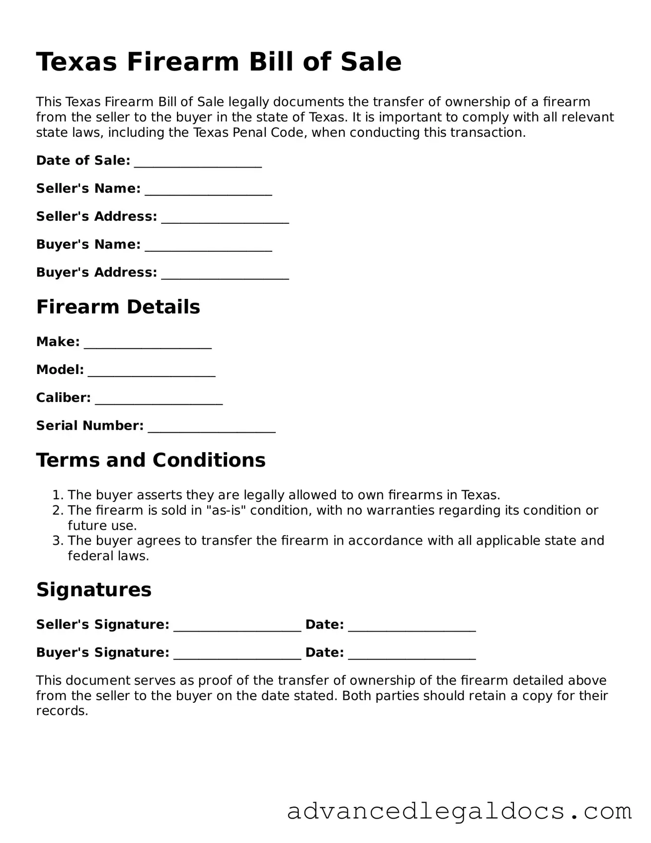 Fillable Firearm Bill of Sale Form for Texas State