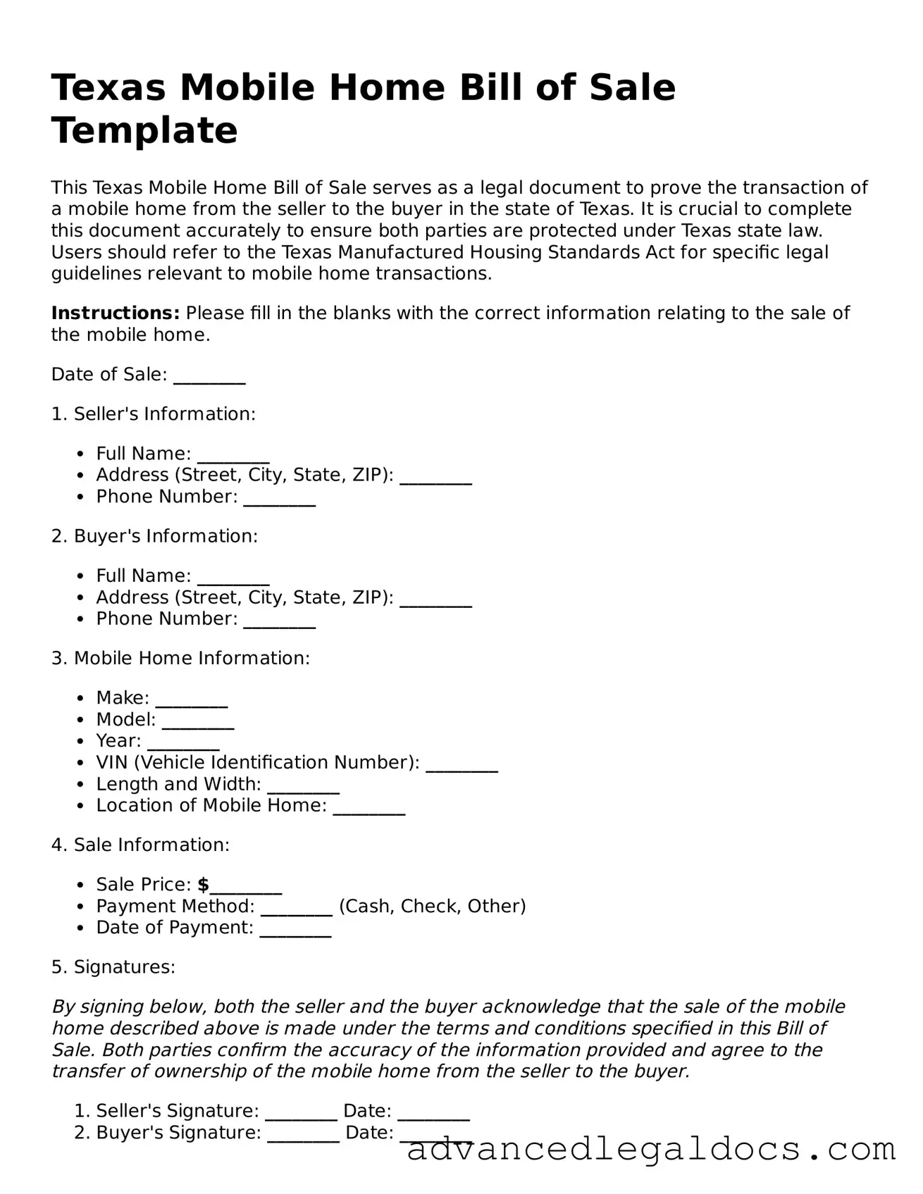 Fillable Mobile Home Bill of Sale Form for Texas State