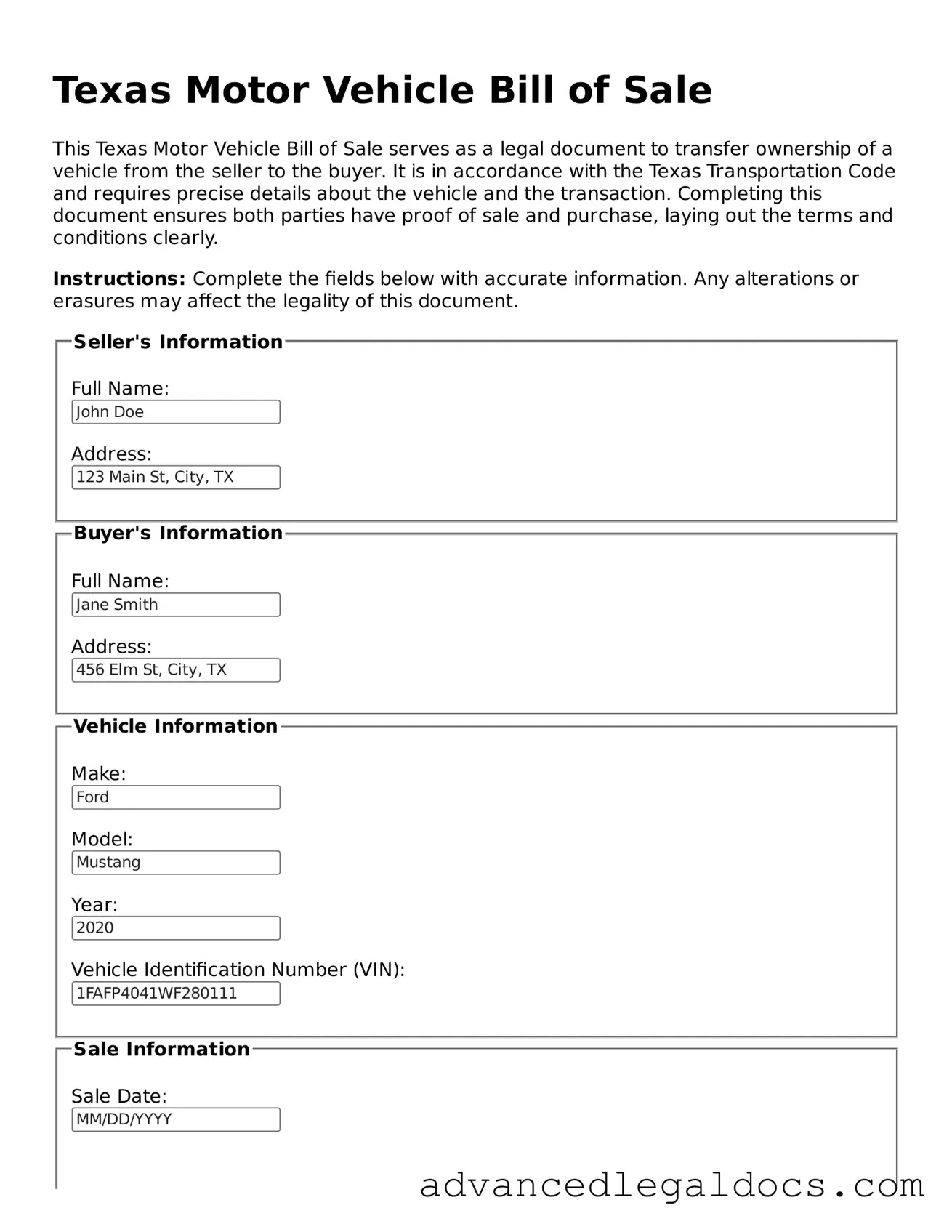 Fillable Motor Vehicle Bill of Sale Form for Texas State