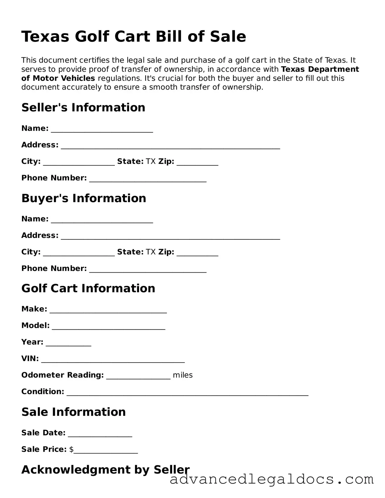 Fillable Golf Cart Bill of Sale Form for Texas State
