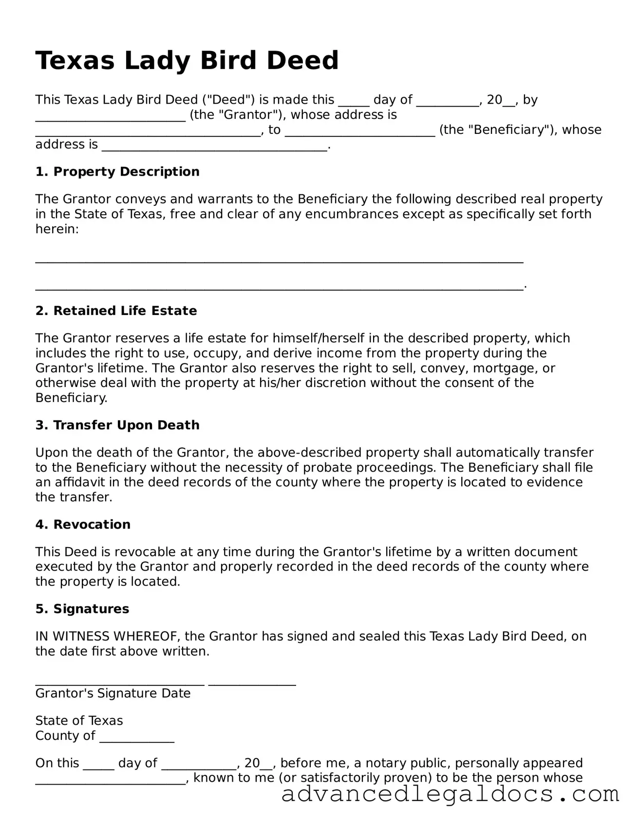 Fillable Lady Bird Deed Form for Texas State