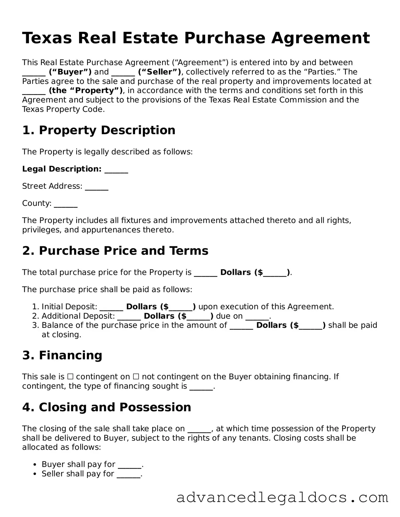 Fillable Real Estate Purchase Agreement Form for Texas State