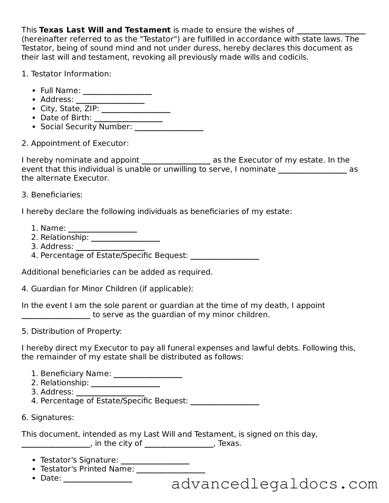 Fillable Last Will and Testament Form for Texas State