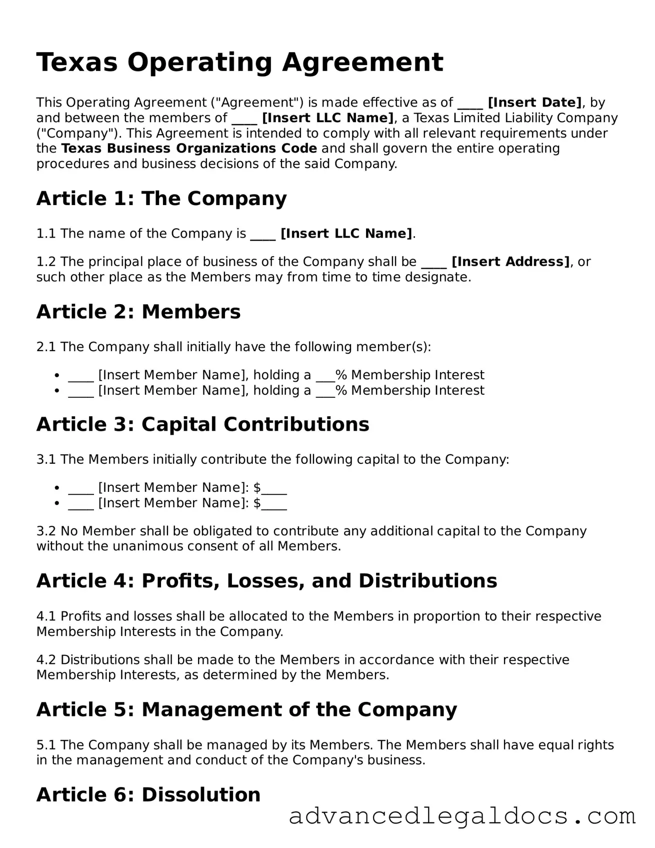 Fillable Operating Agreement Form for Texas State