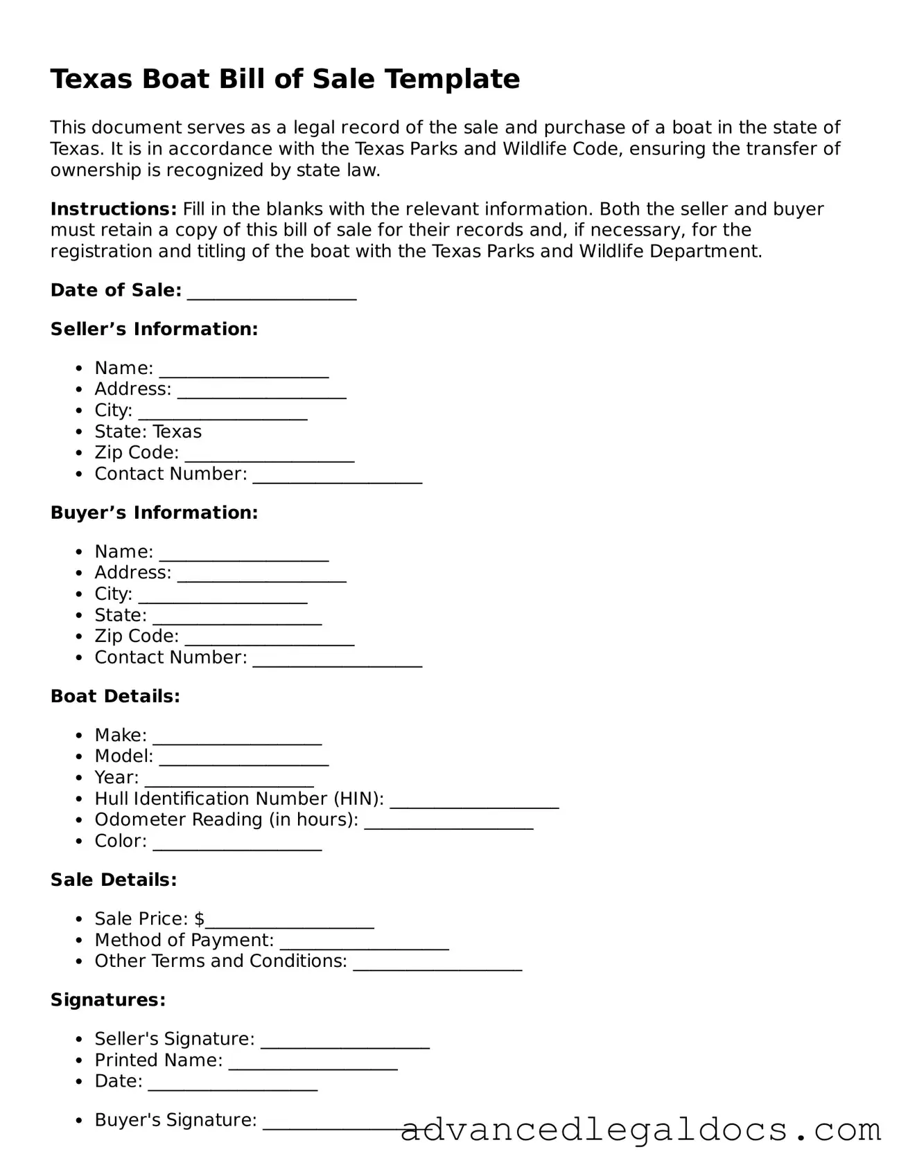 Fillable Boat Bill of Sale Form for Texas State