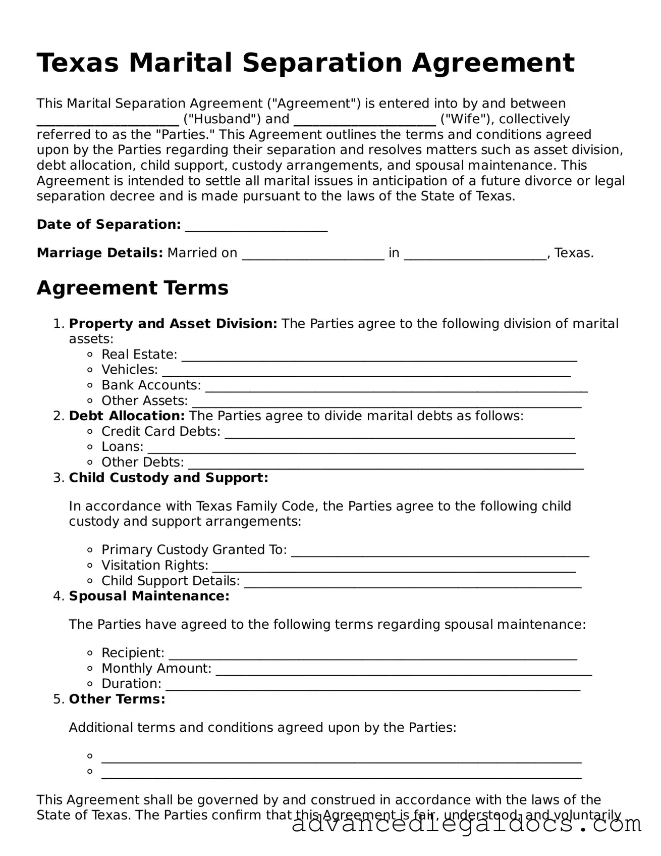 Fillable Marital Separation Agreement Form for Texas State