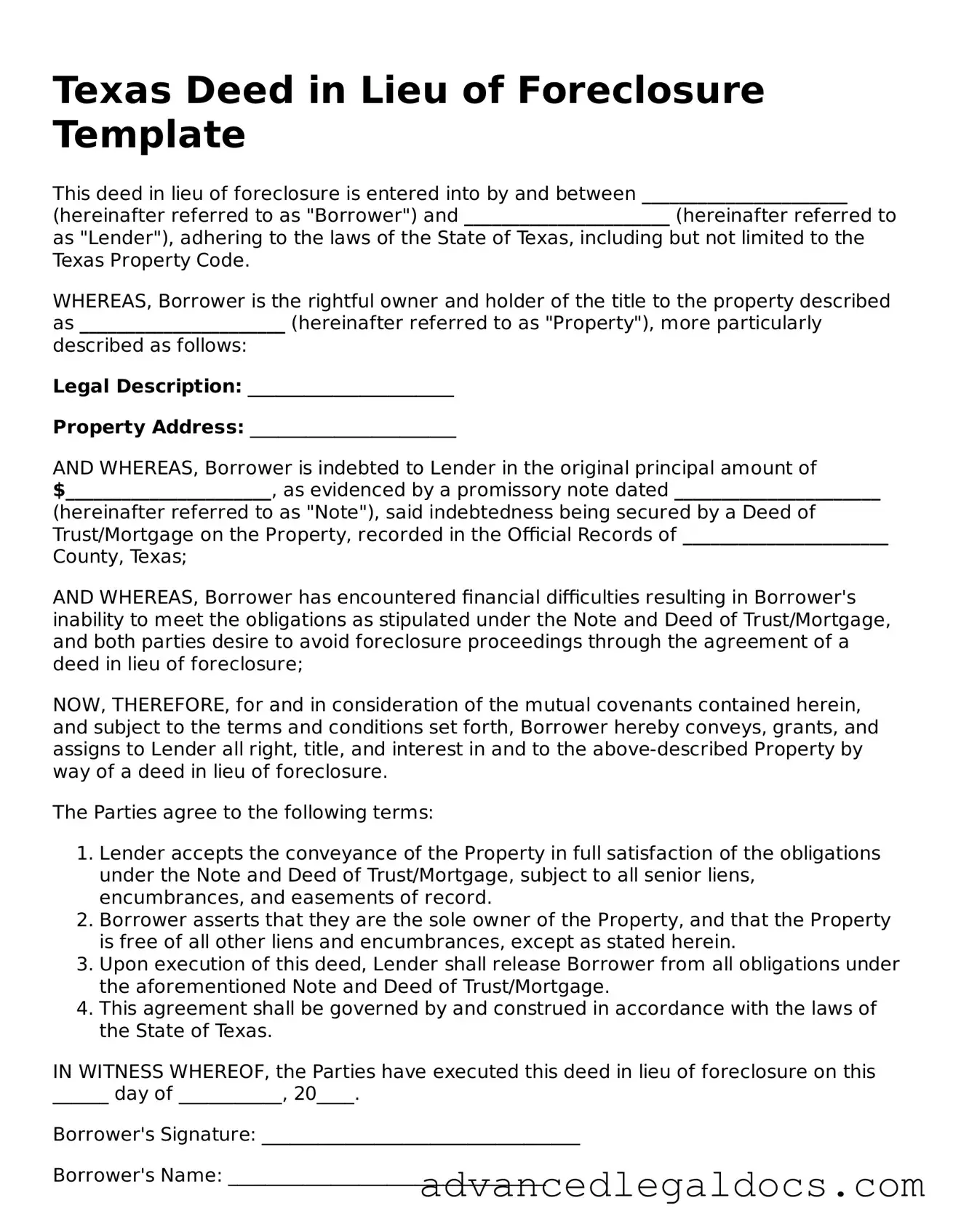 Fillable Deed in Lieu of Foreclosure Form for Texas State