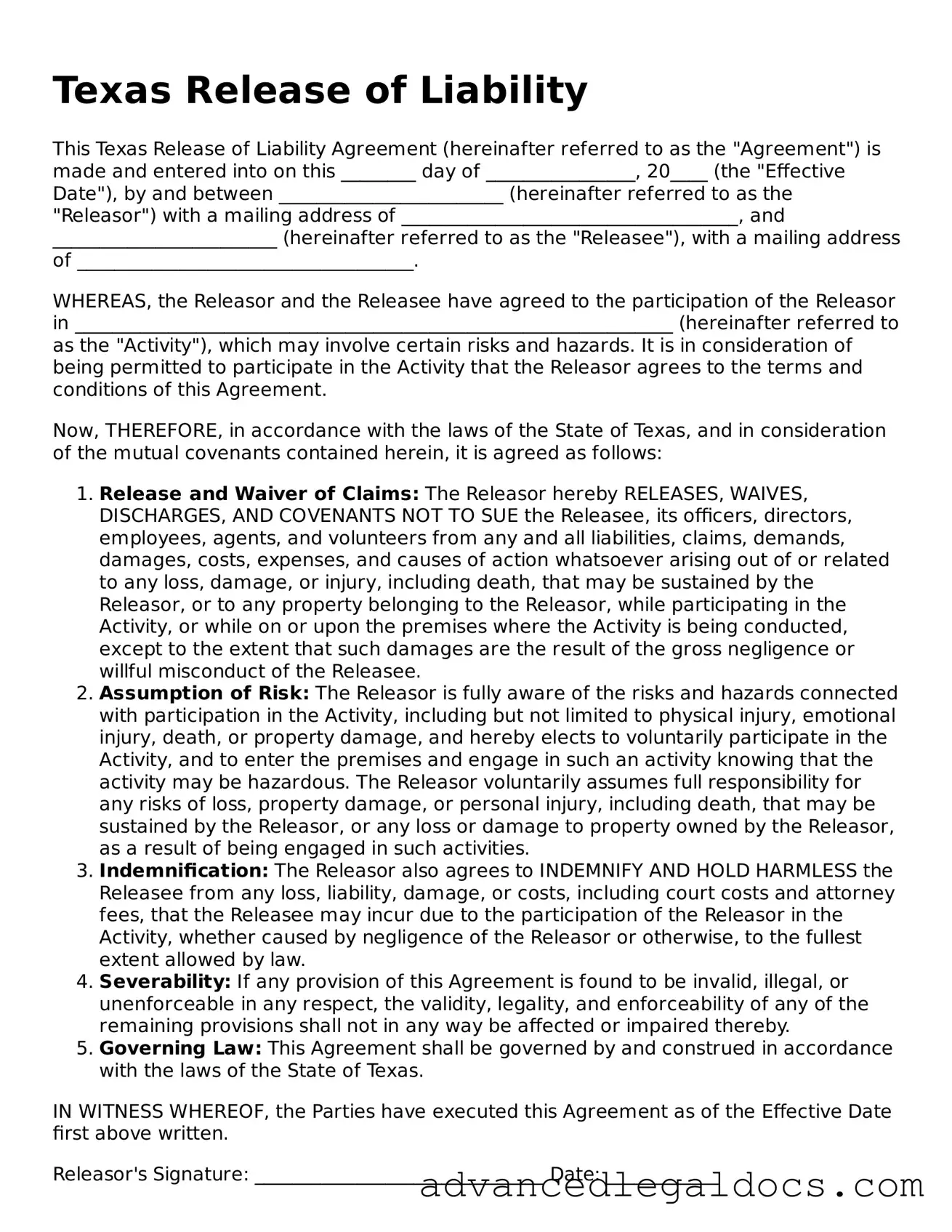 Fillable Release of Liability Form for Texas State