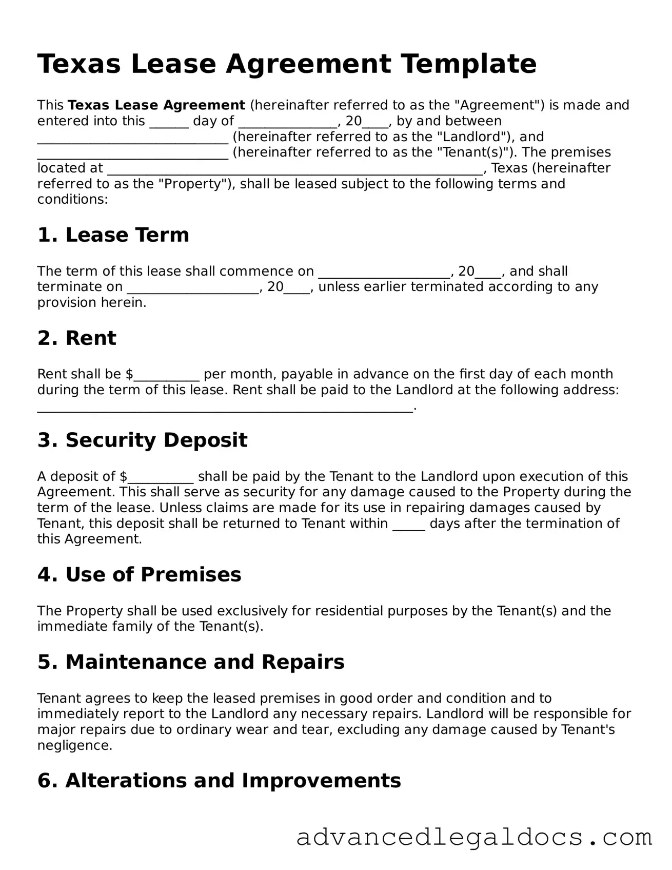 Fillable Lease Agreement Form for Texas State