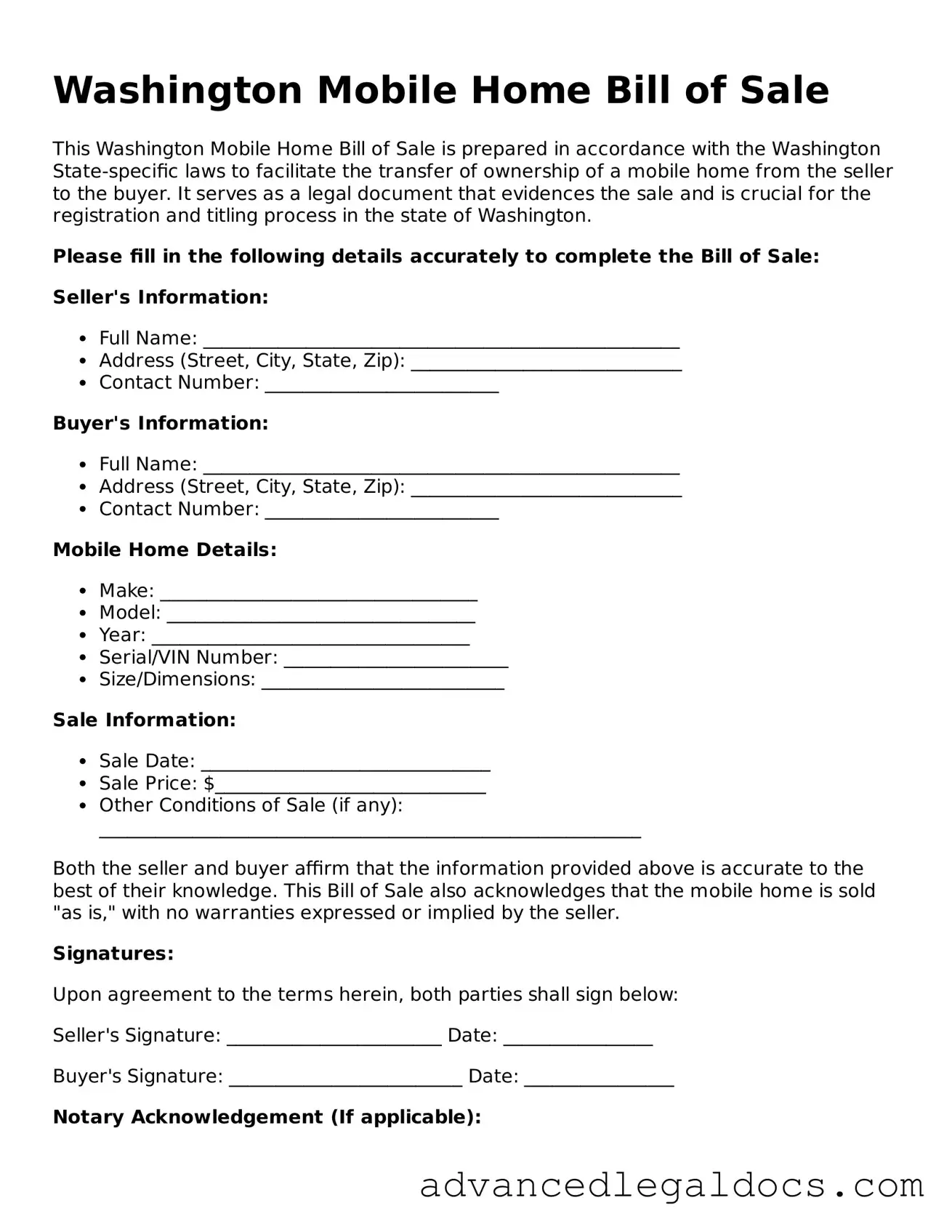 Fillable Mobile Home Bill of Sale Form for Washington State
