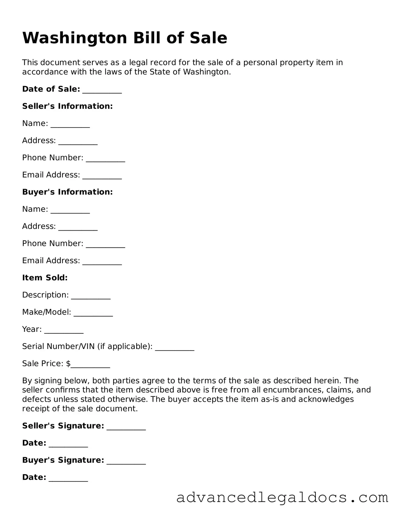 Fillable Bill of Sale Form for Washington State