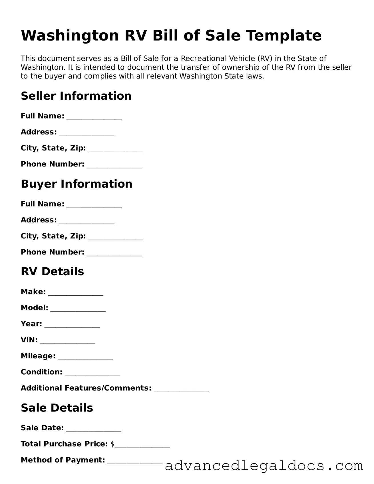 Fillable RV Bill of Sale Form for Washington State