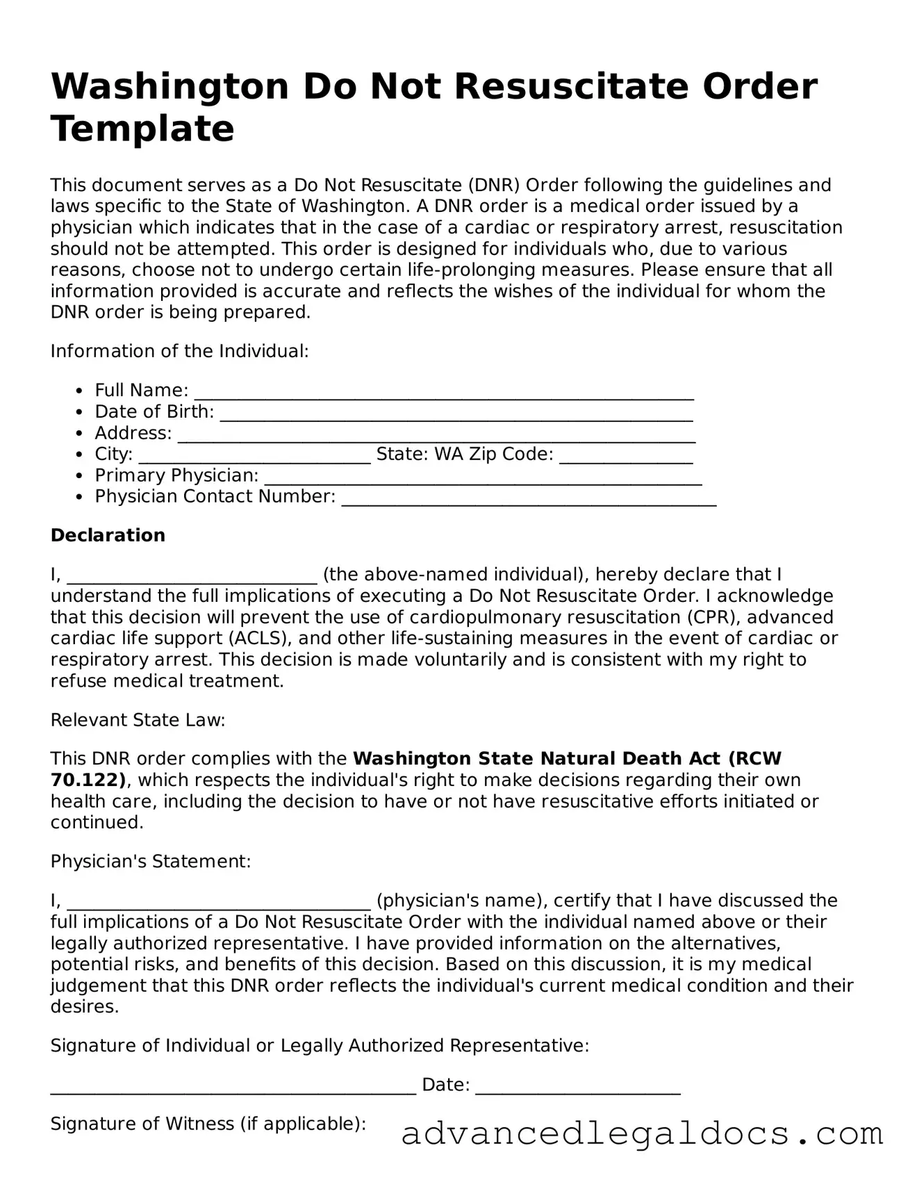 Fillable Do Not Resuscitate Order Form for Washington State