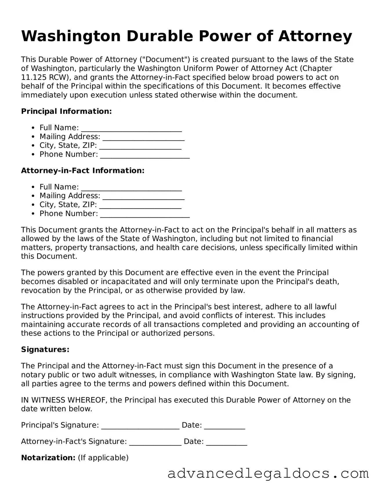 Fillable Durable Power of Attorney Form for Washington State