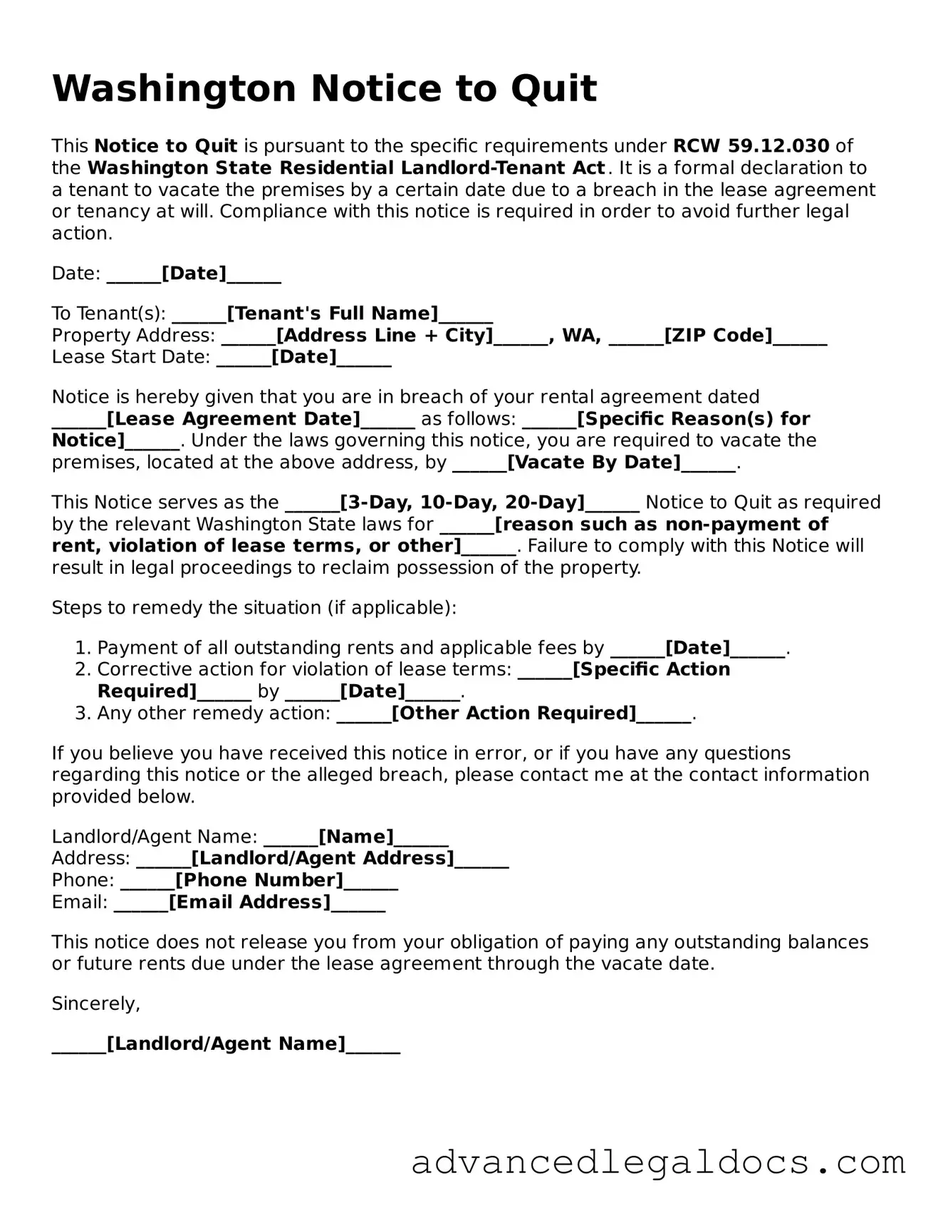 Fillable Notice to Quit Form for Washington State