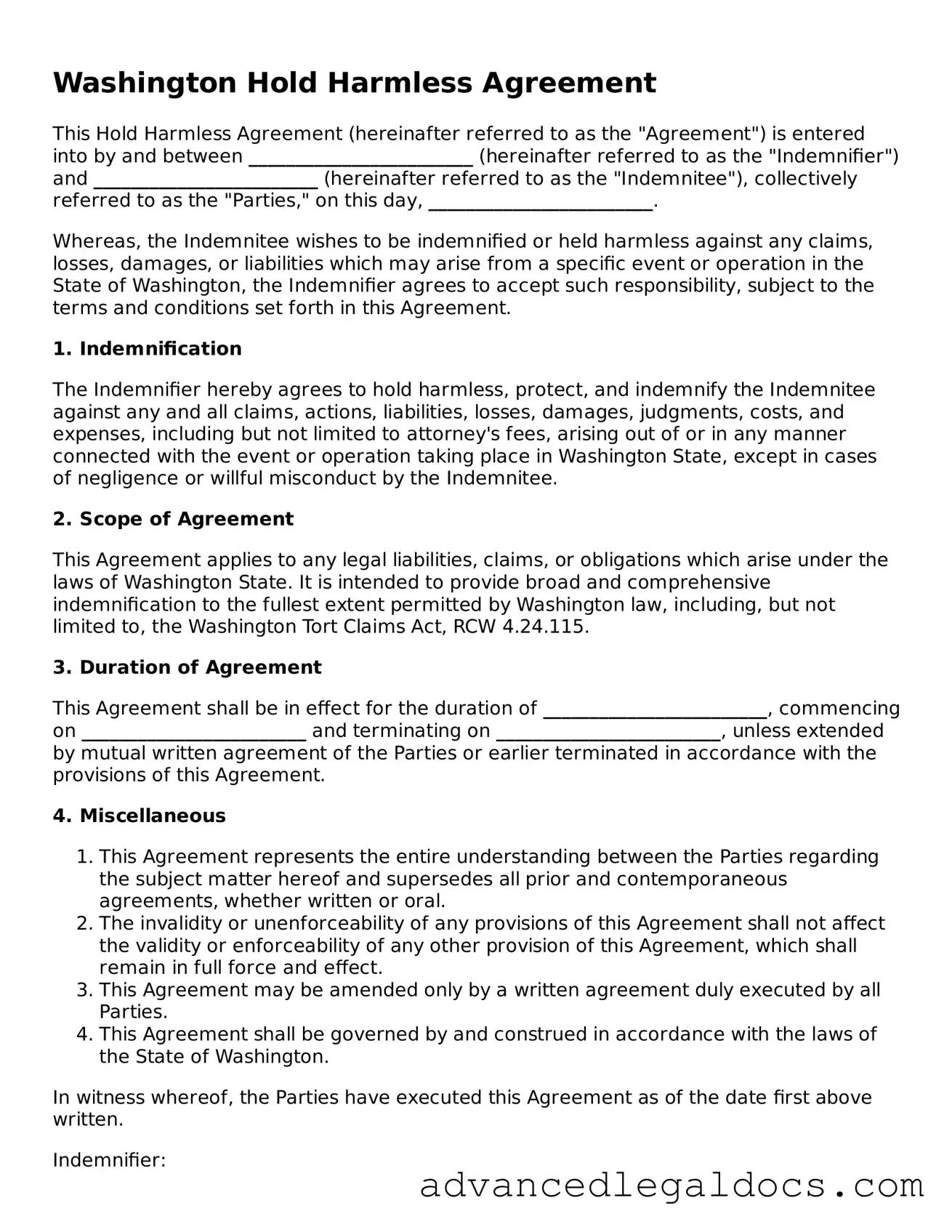 Fillable Hold Harmless Agreement Form for Washington State