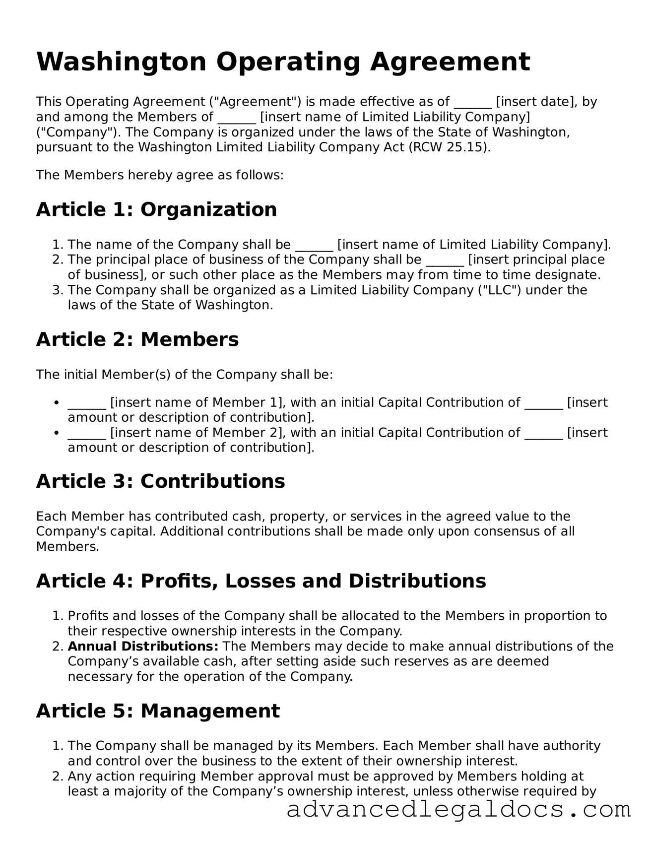 Fillable Operating Agreement Form for Washington State