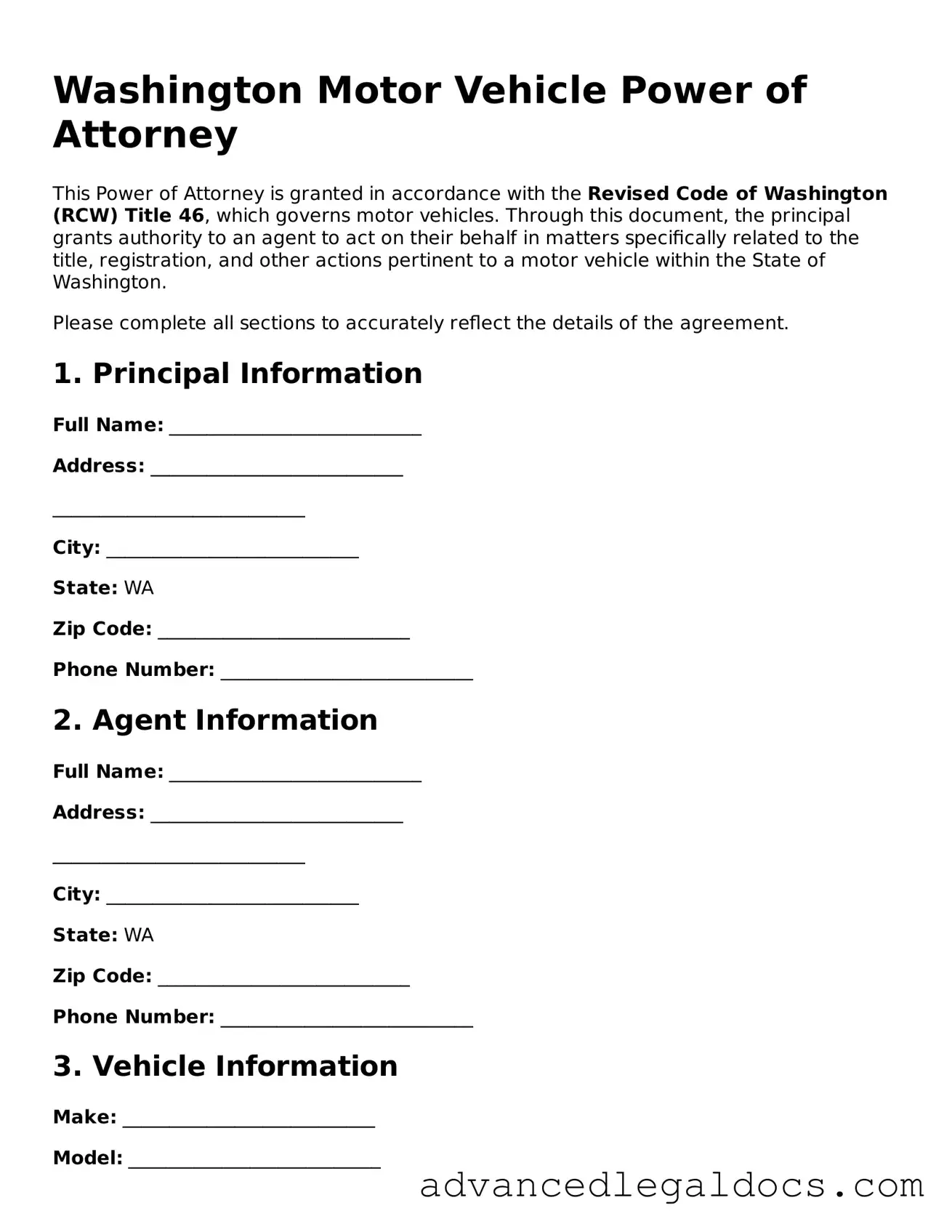 Fillable Motor Vehicle Power of Attorney Form for Washington State