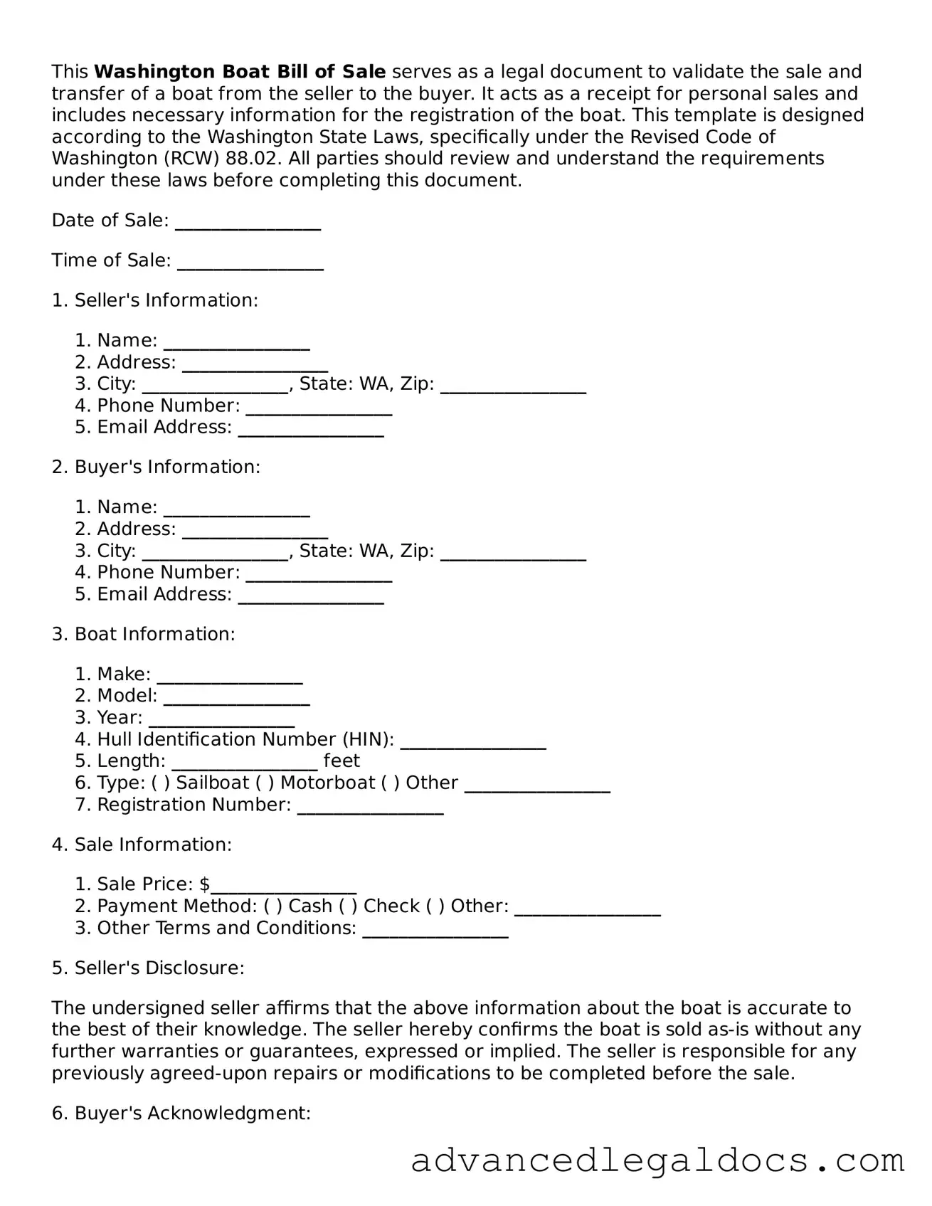 Fillable Boat Bill of Sale Form for Washington State