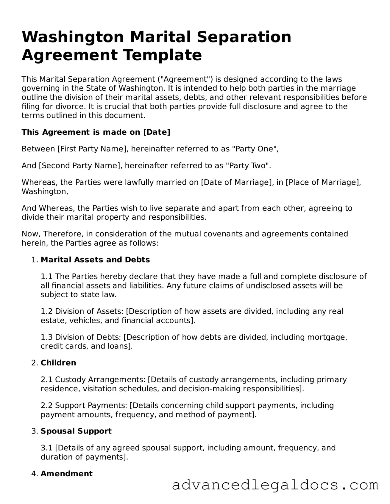 Fillable Marital Separation Agreement Form for Washington State