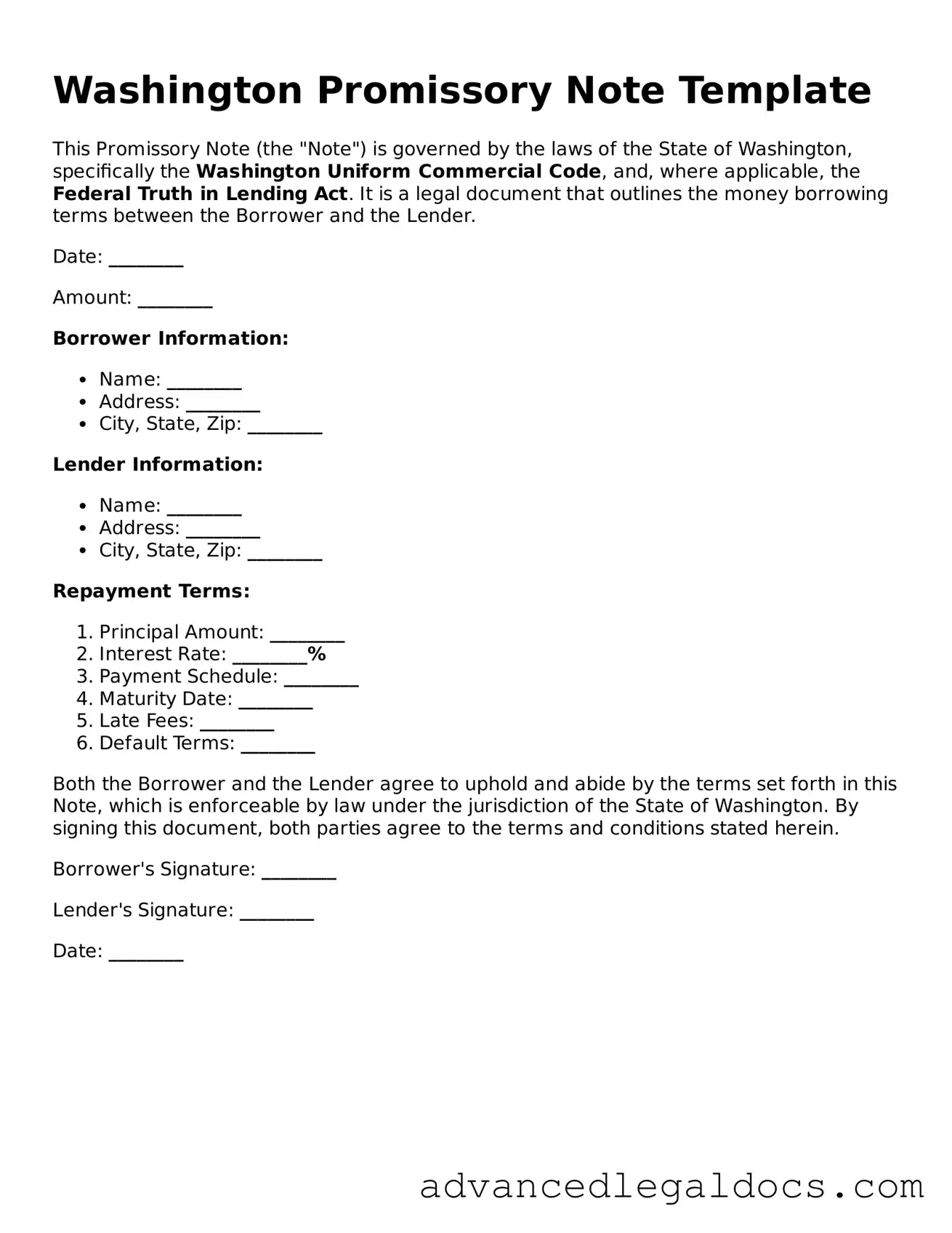 Fillable Promissory Note Form for Washington State