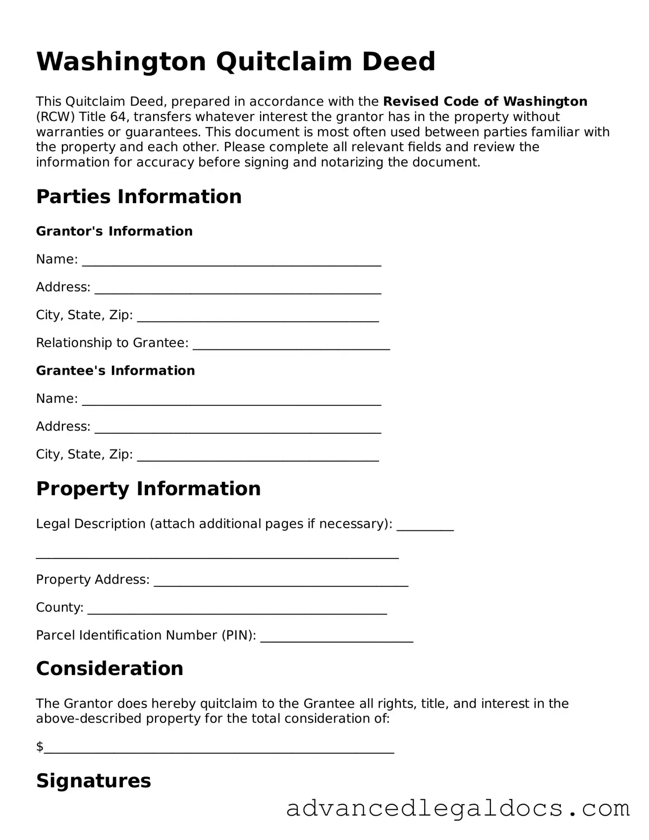 Fillable Quitclaim Deed Form for Washington State